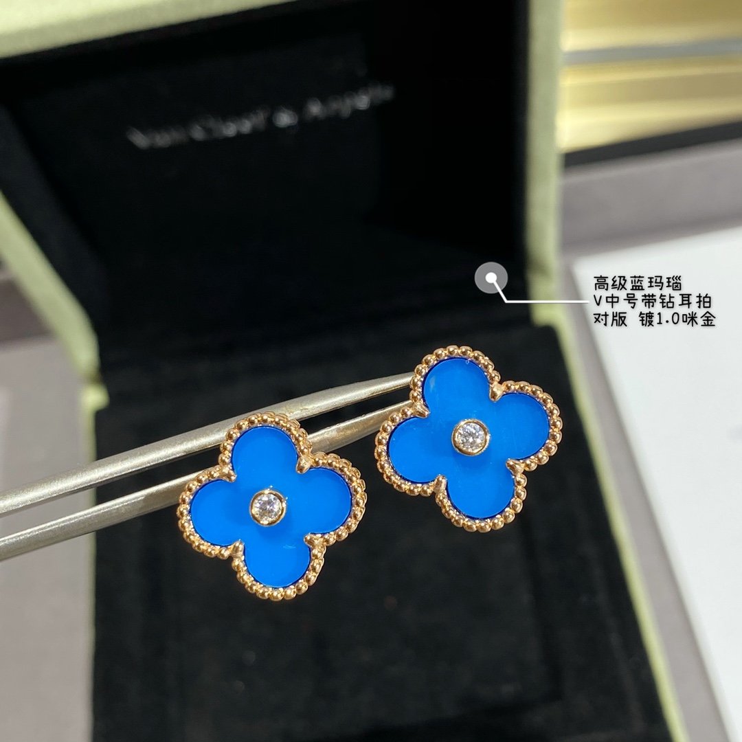 Van Cleef & Arpels Blue Agate and Diamond Four-Leaf Clover Earrings